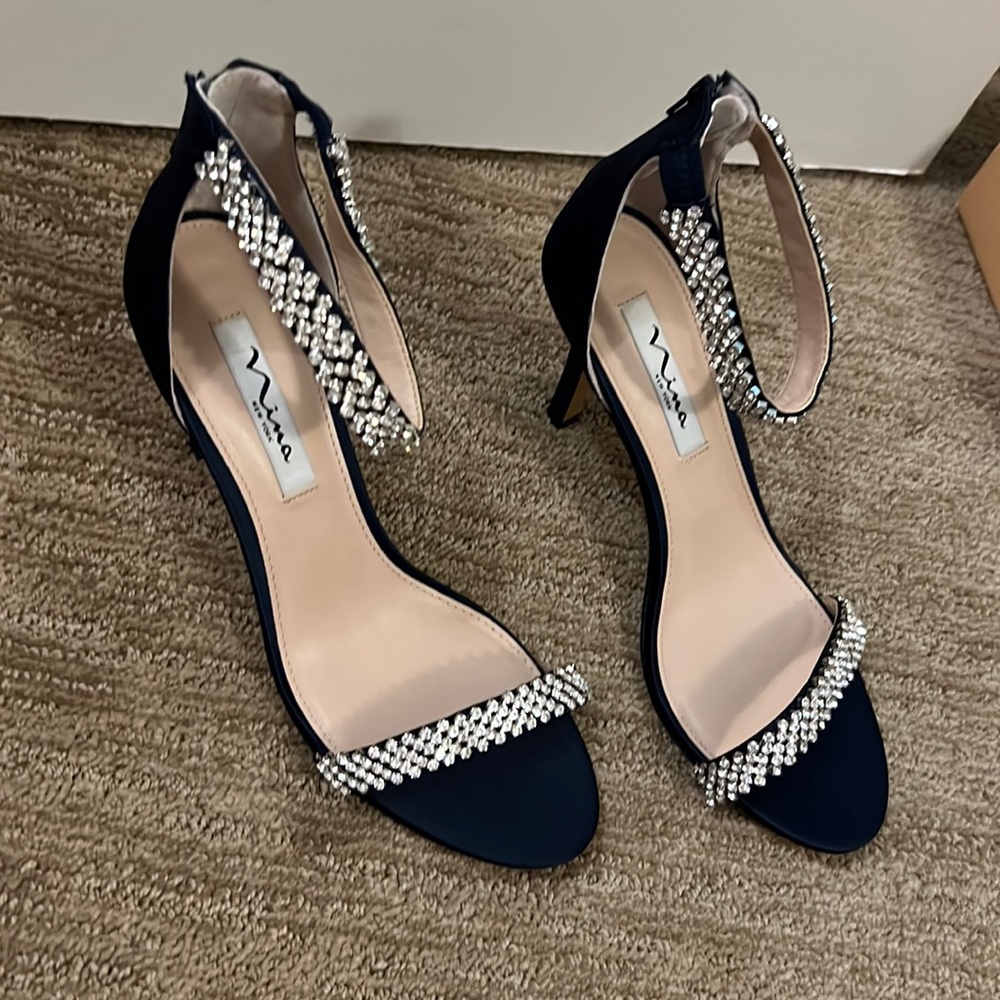 Nina heels (Women’s New Navy Satin Ankle-Strap Mid-Heel Evening Sandal)